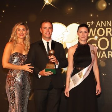 Patrick Kelly, golf director at The Bluffs, collects one of the top prizes at the 2018 World Golf Awards