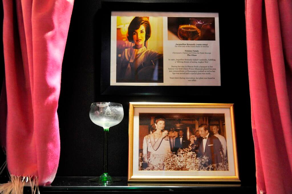 Jackie Kennedy memorabilia, including the lipstick-stained glass, on display at the Elephant Bar.