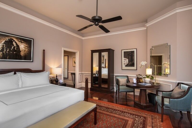 Raffles Grand Hotel d'Angkor's newly renovated Landmark Room features vintage touches such as a rotary telephone