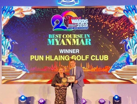 Pun Hlaing Golf Club professional Stephen Chick accepts the award at the Asia Pacific Golf Awards in New Delhi on Nov. 6, 2019.