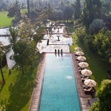 Tanah Gajah's main swimming pool and surrounding ponds