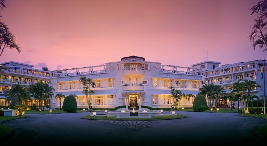 Azerai La Residence, Hue’s distinctive facade features long horizontal lines and nautical flourishes.