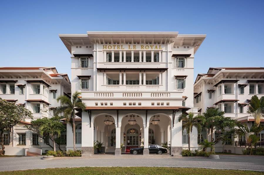 The facade of Raffles Hotel Le Royal in Phnom Penh, Cambodia