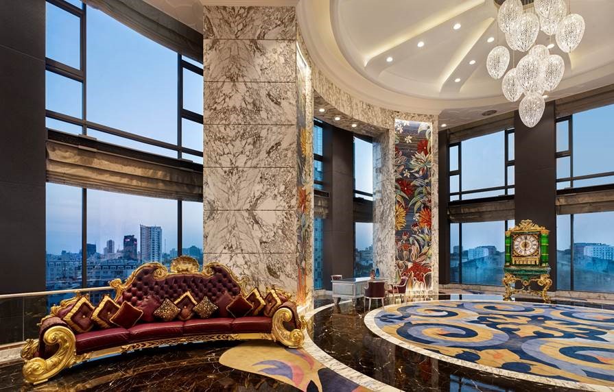 The elegant Reverie Saigon lobby features Italian classical designs