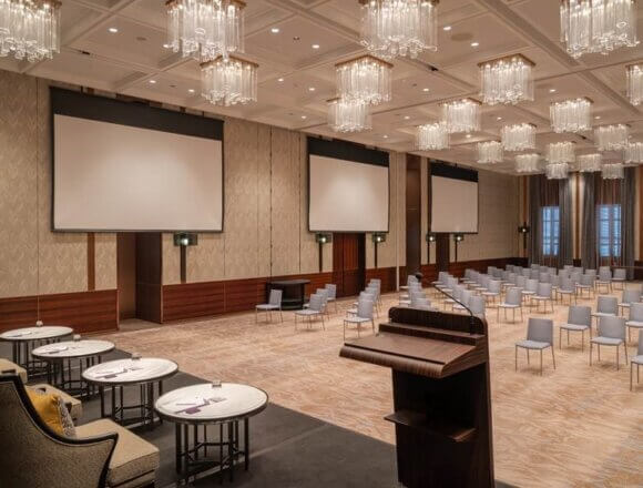 The pillarless Regency Ballroom can accommodate up to 490 guests and boasts floor-to-ceiling windows, as well as the only built-in, full-color LED screen in the city