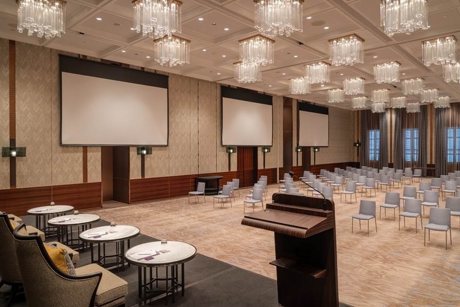The pillarless Regency Ballroom can accommodate up to 490 guests and boasts floor-to-ceiling windows, as well as the only built-in, full-color LED screen in the city