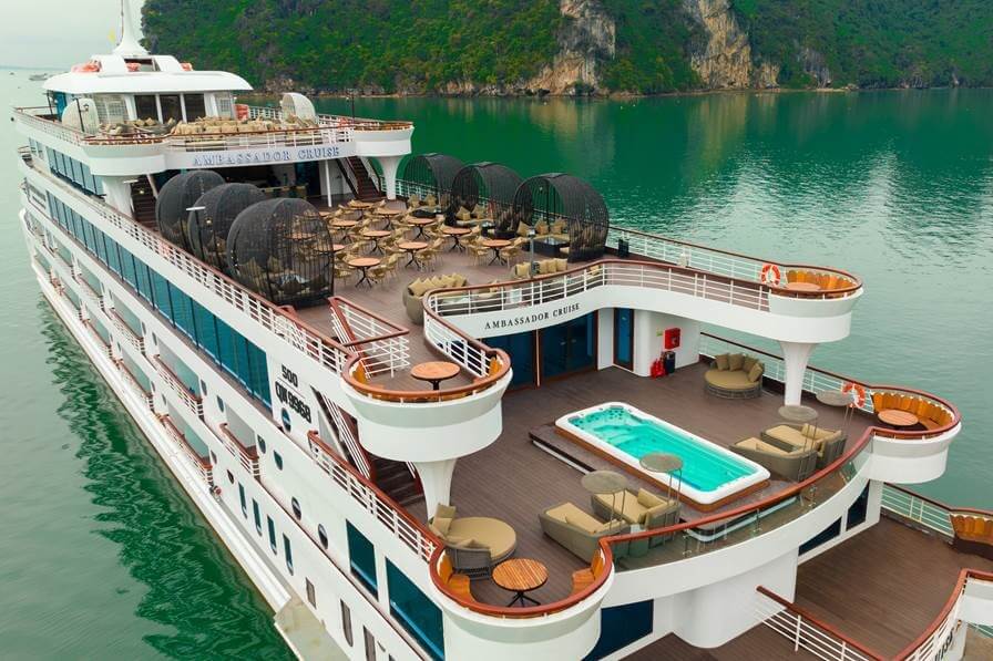 Elegantly designed, the ship features spacious sundecks across two floors that total 324sqm and 250sqm, affording 360-degree vistas of Halong Bay and its myriad limestone karsts.