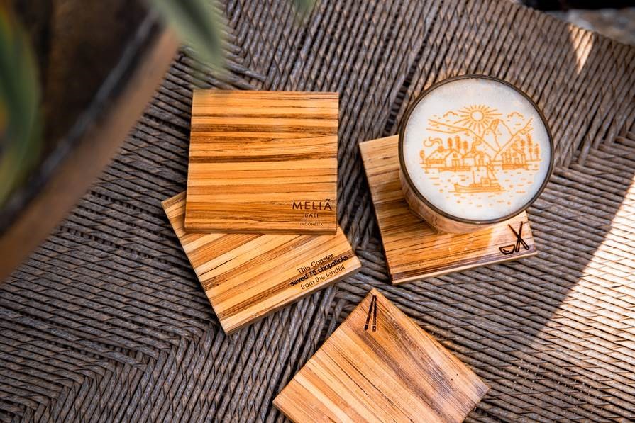 Coasters made out of recycled chopsticks at Melia Bali