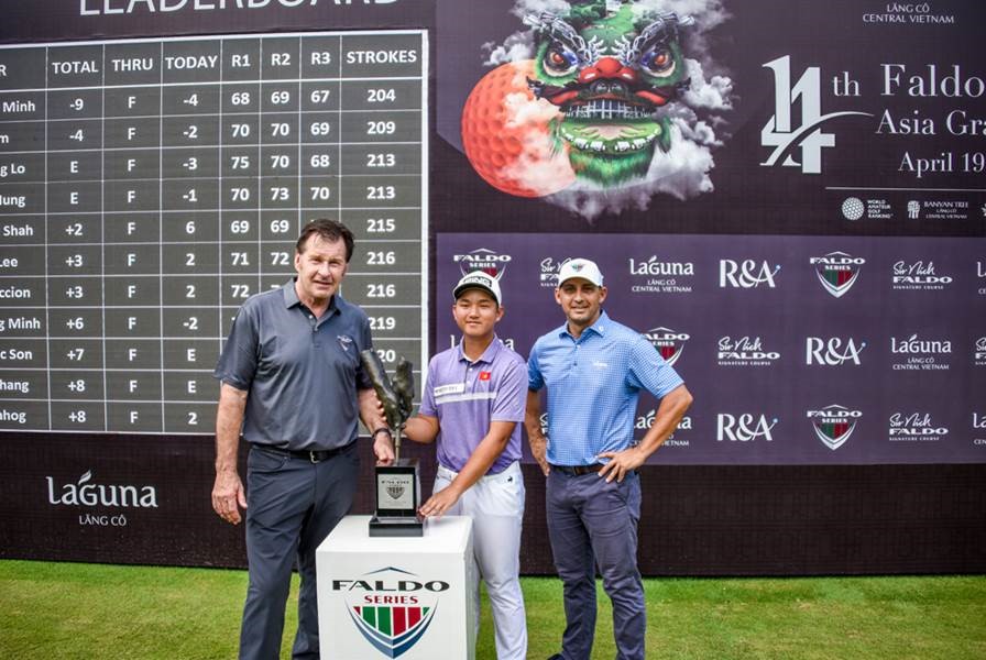 The winner is congratulated by European legend Sir Nick Faldo (left) and Adam Calver, Director of Golf and Destination Marketing at Laguna Lang Co