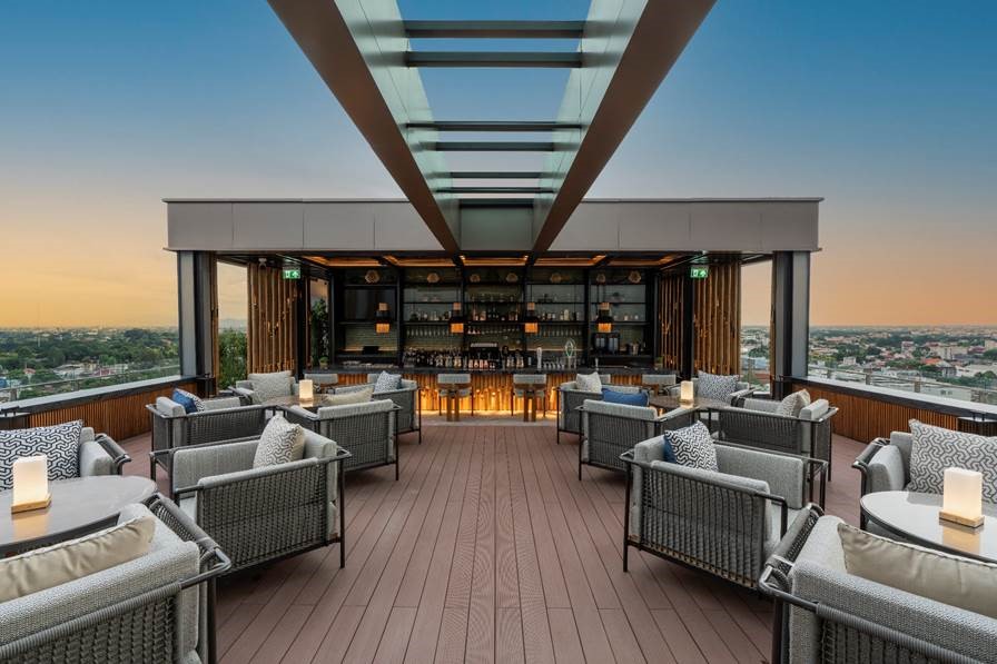 The 22nd-floor Mai The Sky Bar commands views across the city of Chiang Mai. Its highest point is the vertiginous glass walkway, pictured above the bar.