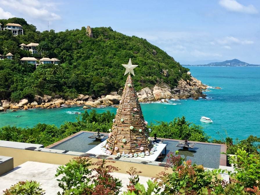 The Christmas tree at Banyan Tree Samui overlooks the resort's bay.