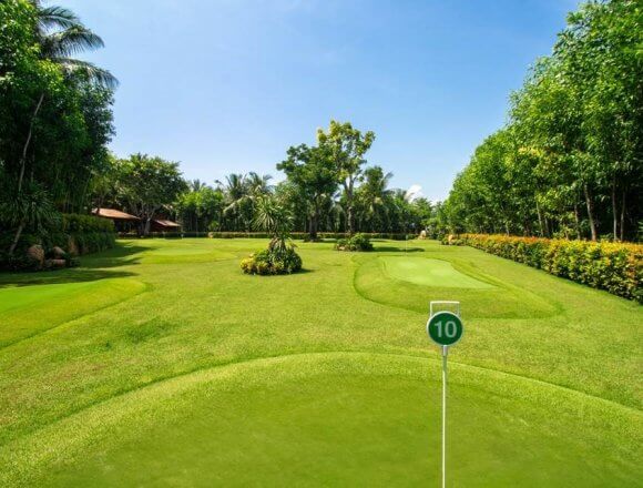 An 18-hole mini golf course (pictured), driving range, clubhouse, soccer field, tennis court, running track and organic sustainable farm are among The Anam Cam Ranh’s new collection of lush beachfront facilities promoting wellbeing. The contoured mini golf course (pictured) is believed to be the first of its kind in Southeast Asia, due to its real grass finishing that the resort’s gardeners painstakingly maintain.