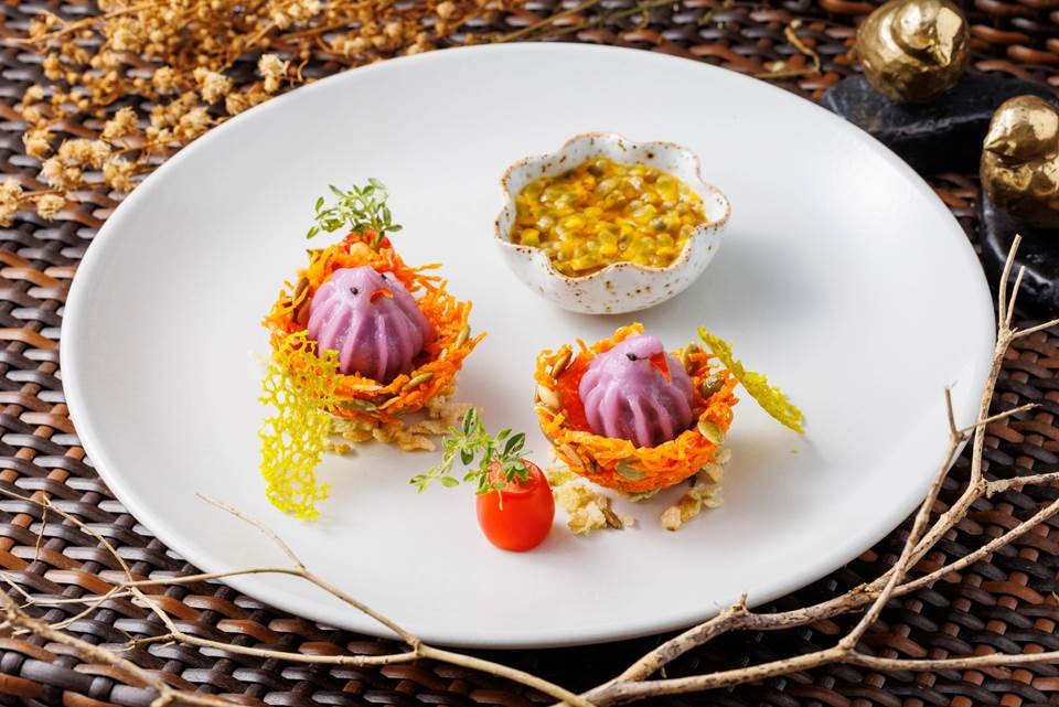 Dumplings Stuffed with Grains and served with Mango Passion Fruit Sauce