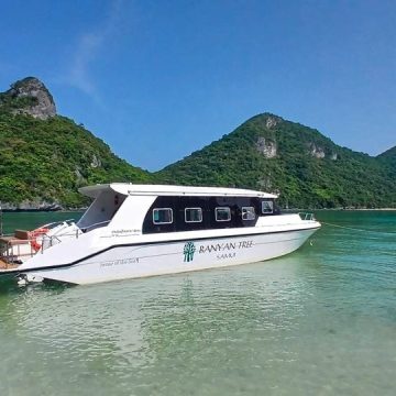 Banyan Tree Samui’s new speedboat, Sense of the Sea, in repose at Mu Ko Ang Thong National Marine Park.