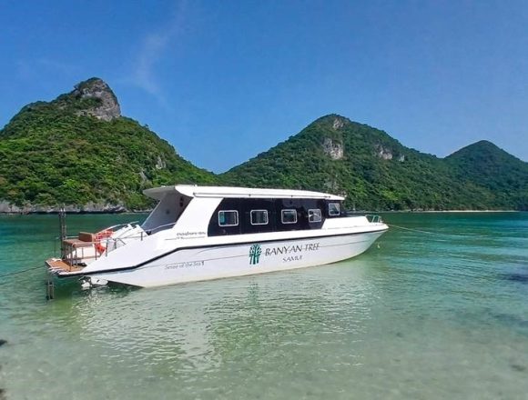 Banyan Tree Samui’s new speedboat, Sense of the Sea, in repose at Mu Ko Ang Thong National Marine Park.