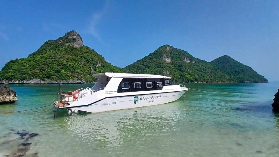 Banyan Tree Samui’s new speedboat, Sense of the Sea, in repose at Mu Ko Ang Thong National Marine Park.
