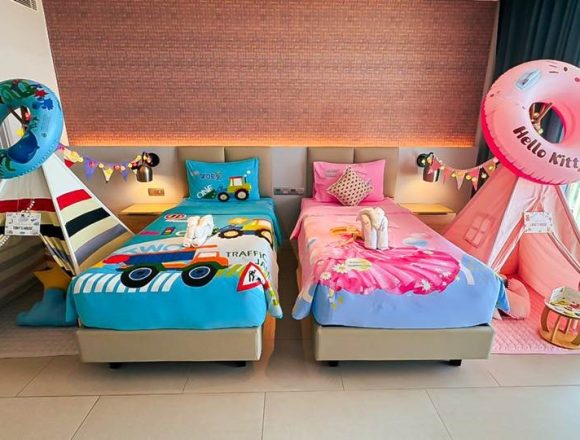 The optional boys’ and girls’ playful room set-ups bring a riot of colour to any of Alma’s oversized suites and pavilions, which all afford sweeping views of Long Beach and its buttermilk sands.