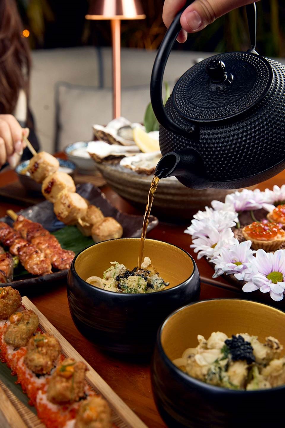 Oyster Tuesday is underscored by 90 minutes of free flow oysters served with lime and ponzu. The menu also features golden fried oyster, avocado and panca chili “makimono” sushi, and “kake udon” noodles with oysters, smoked herring caviar, mushroom dashi, abura-age, shimeji mushroom.